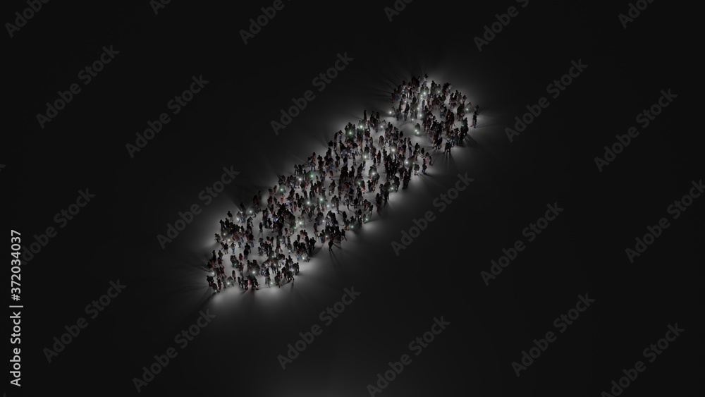 Poster 3d rendering of crowd of people with flashlight in shape of symbol of pen on dark background
