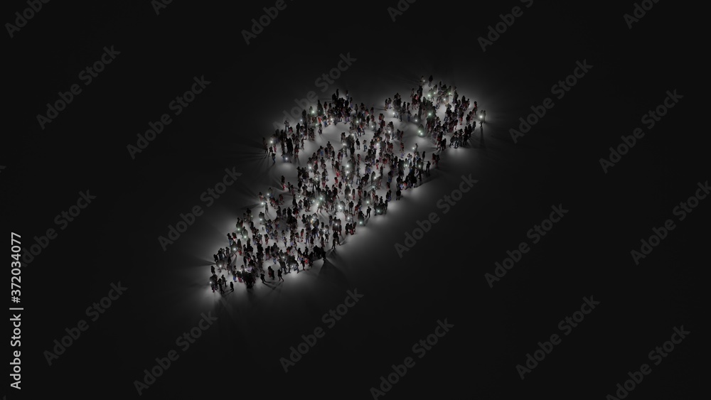 Poster 3d rendering of crowd of people with flashlight in shape of symbol of pen alt on dark background