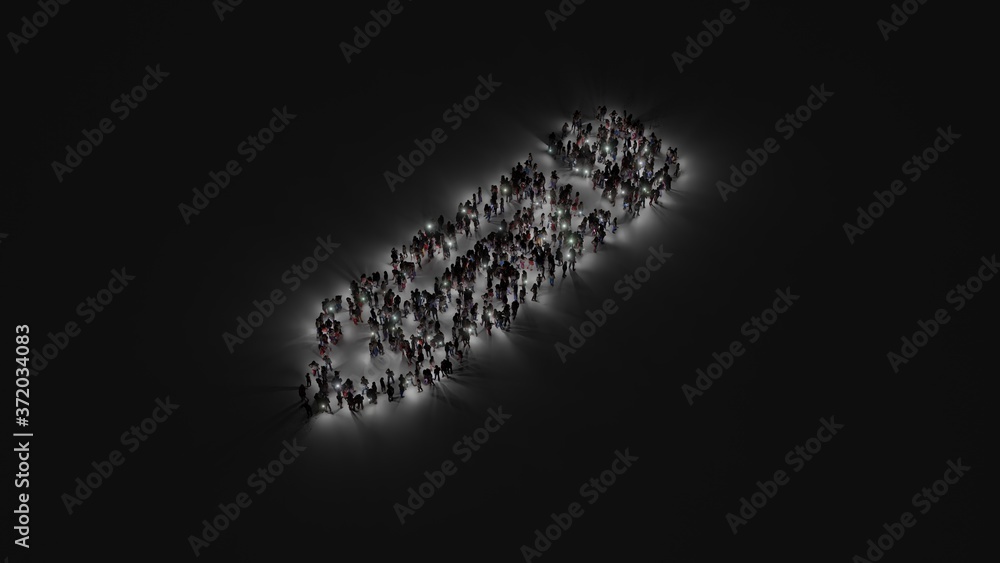 Aufkleber 3d rendering of crowd of people with flashlight in shape of symbol of pencil alt on dark background