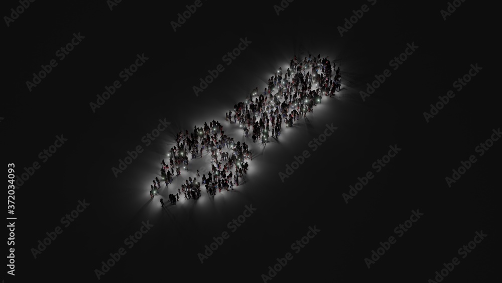 Poster 3d rendering of crowd of people with flashlight in shape of symbol of pen fancy on dark background