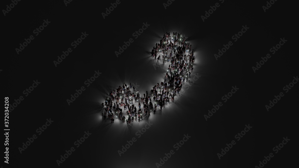 Aufkleber 3d rendering of crowd of people with flashlight in shape of symbol of phone on dark background