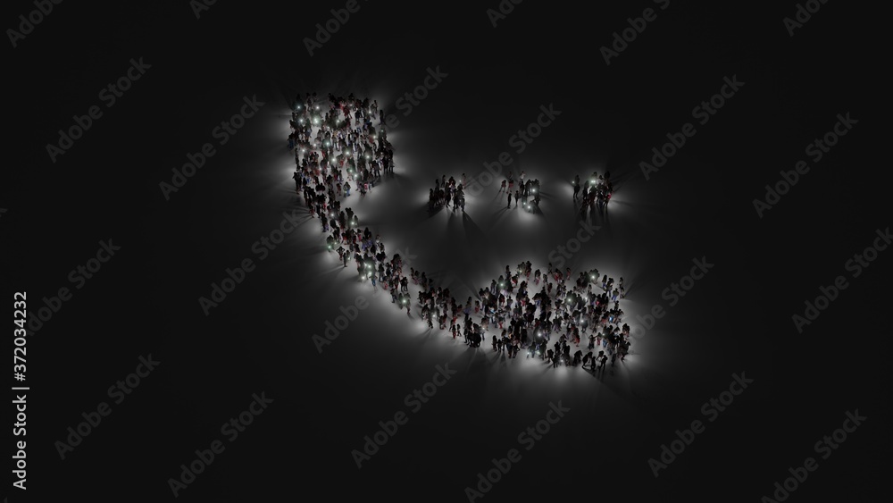 Aufkleber 3d rendering of crowd of people with flashlight in shape of symbol of phone on dark background