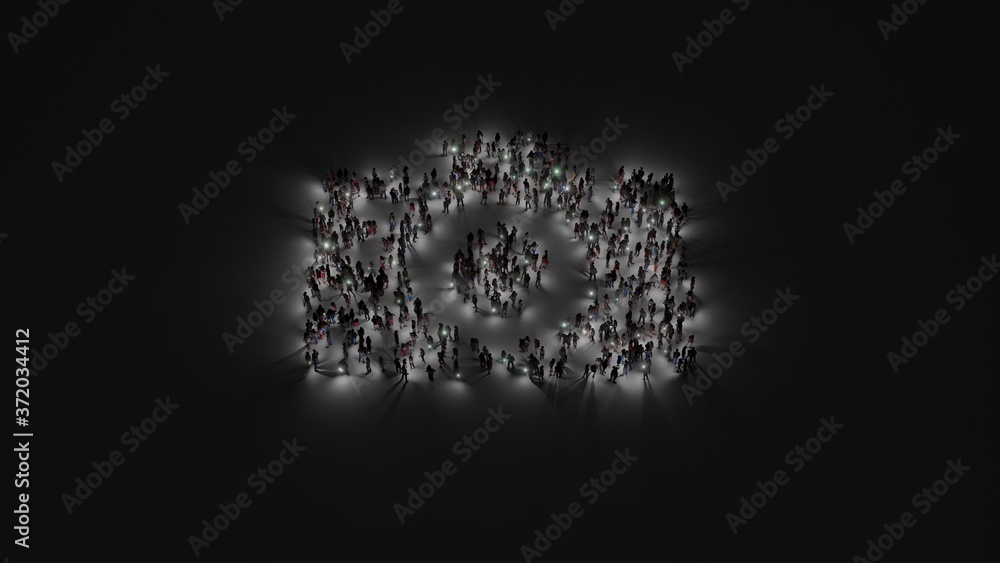 Poster 3d rendering of crowd of people with flashlight in shape of symbol of photo camera on dark backgroun