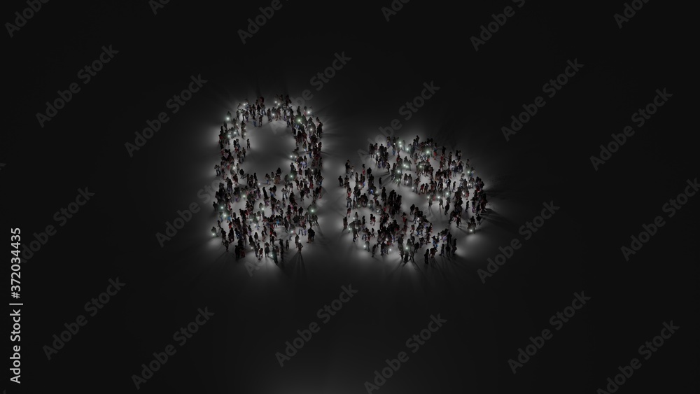 Poster 3d rendering of crowd of people with flashlight in shape of symbol of pills on dark background