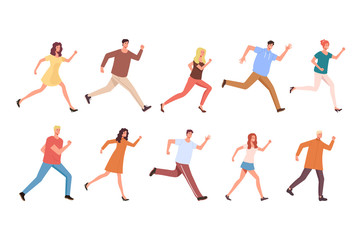 Fototapeta na wymiar Isolated people characters running set. Vector flat graphic design simple illustration