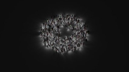 3d rendering of crowd of people with flashlight in shape of symbol of play on dark background