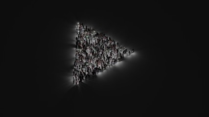 3d rendering of crowd of people with flashlight in shape of symbol of play button on dark background