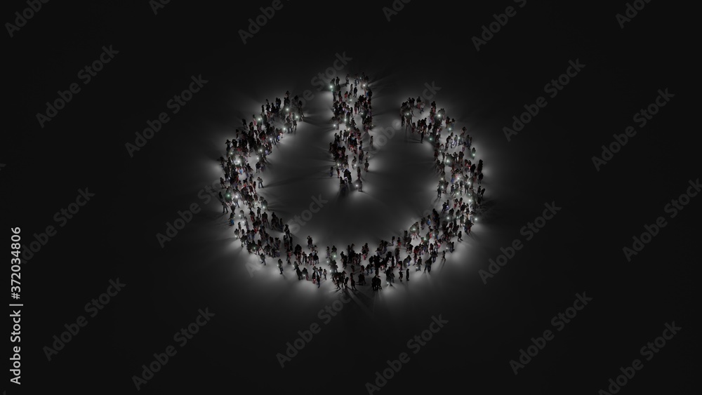 Poster 3d rendering of crowd of people with flashlight in shape of symbol of power off on dark background