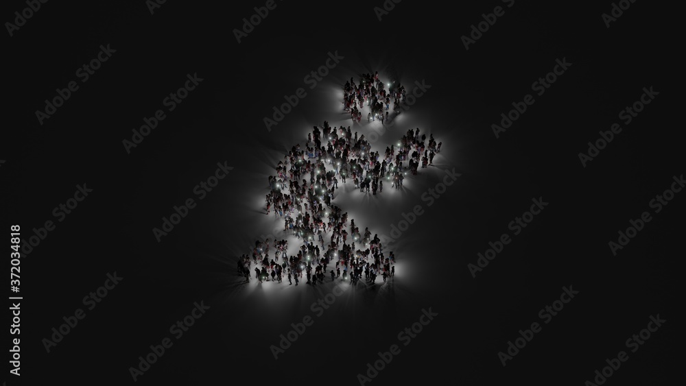 Poster 3d rendering of crowd of people with flashlight in shape of symbol of pray on dark background