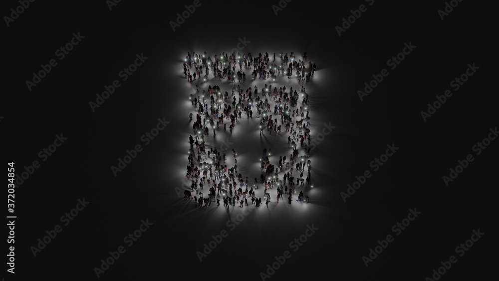 Poster 3d rendering of crowd of people with flashlight in shape of symbol of prescription bottle on dark ba