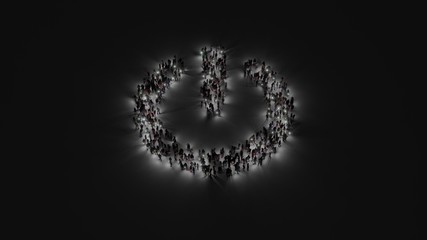 3d rendering of crowd of people with flashlight in shape of symbol of power off on dark background