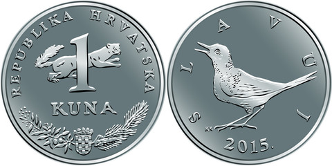 Croatian 1 kuna coin, Nightingale on reverse, marten, coat of arms, state title and indication of value on obverse, official coin in Croatia