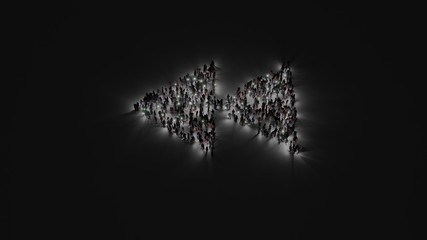 3d rendering of crowd of people with flashlight in shape of symbol of rewind on dark background