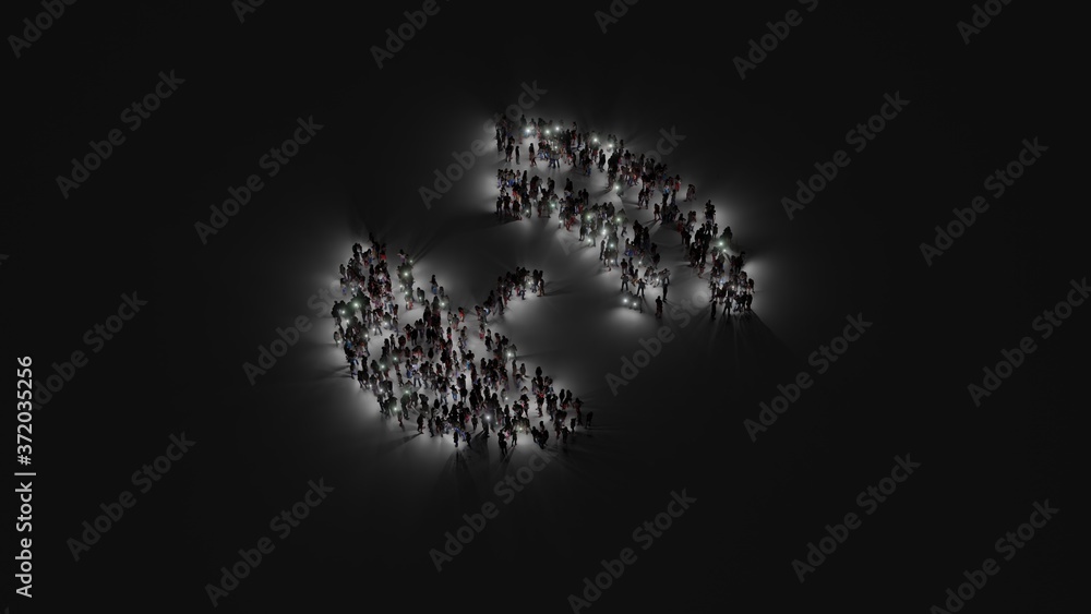 Poster 3d rendering of crowd of people with flashlight in shape of symbol of satellite dish on dark backgro