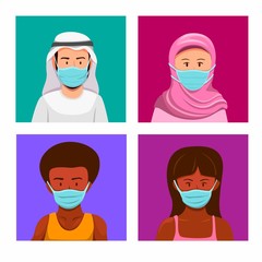 east asian arabian and african people wearing mask. multicultural people awareness from virus infection in pandemic symbol in cartoon illustration vector