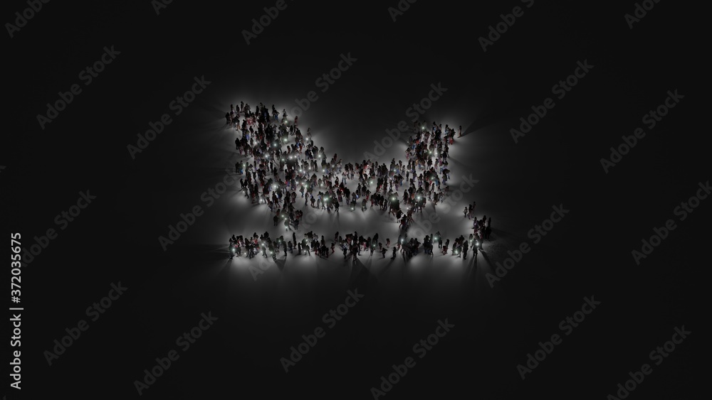 Poster 3d rendering of crowd of people with flashlight in shape of symbol of sleigh on dark background