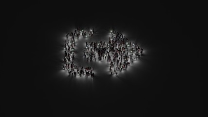 3d rendering of crowd of people with flashlight in shape of symbol of sign out alt on dark background