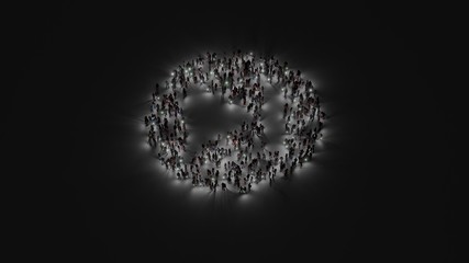 3d rendering of crowd of people with flashlight in shape of symbol of skip on dark background