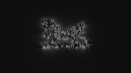 3d rendering of crowd of people with flashlight in shape of symbol of sleigh on dark background