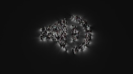 3d rendering of crowd of people with flashlight in shape of symbol of sound on dark background