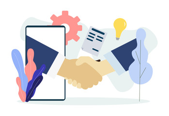People shaking hands through mobile phone screen concept Handshake Partnership illustration