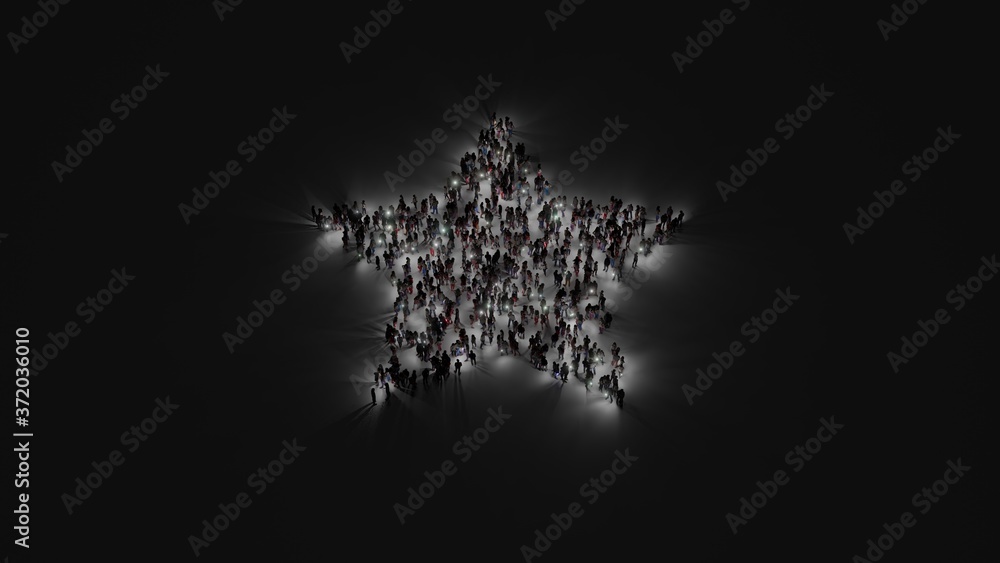 Poster 3d rendering of crowd of people with flashlight in shape of symbol of star on dark background