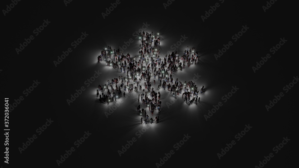 Poster 3d rendering of crowd of people with flashlight in shape of symbol of star of life on dark backgroun