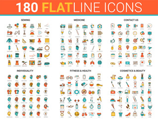 Flat thin line icons vector illustration with sewing items for textile industry, infographic medicine hospital health care, beauty and fitness sport training symbols, contact us communication set © lembergvector