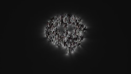 3d rendering of crowd of people with flashlight in shape of symbol of symbol on dark background