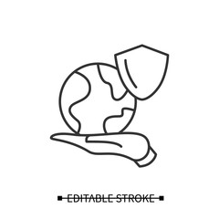 Saved planet icon. Earth globe on palm with shield linear pictogram. Concept of ecology activism, ecology and environment protection and world peace. Editable stroke vector illustration