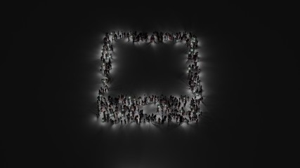 3d rendering of crowd of people with flashlight in shape of symbol of tablet alt on dark background