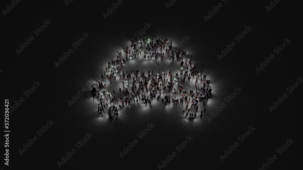 Poster 3d rendering of crowd of people with flashlight in shape of symbol of taxi on dark background