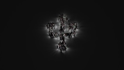 Obraz premium 3d rendering of crowd of people with flashlight in shape of symbol of technology on dark background