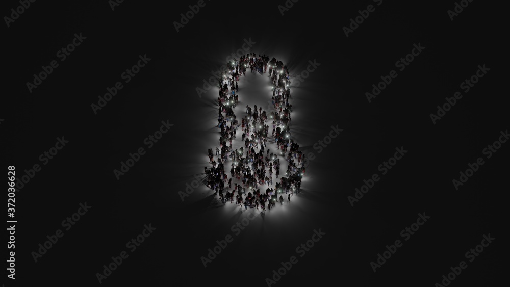 Poster 3d rendering of crowd of people with flashlight in shape of symbol of thermometer half on dark backg