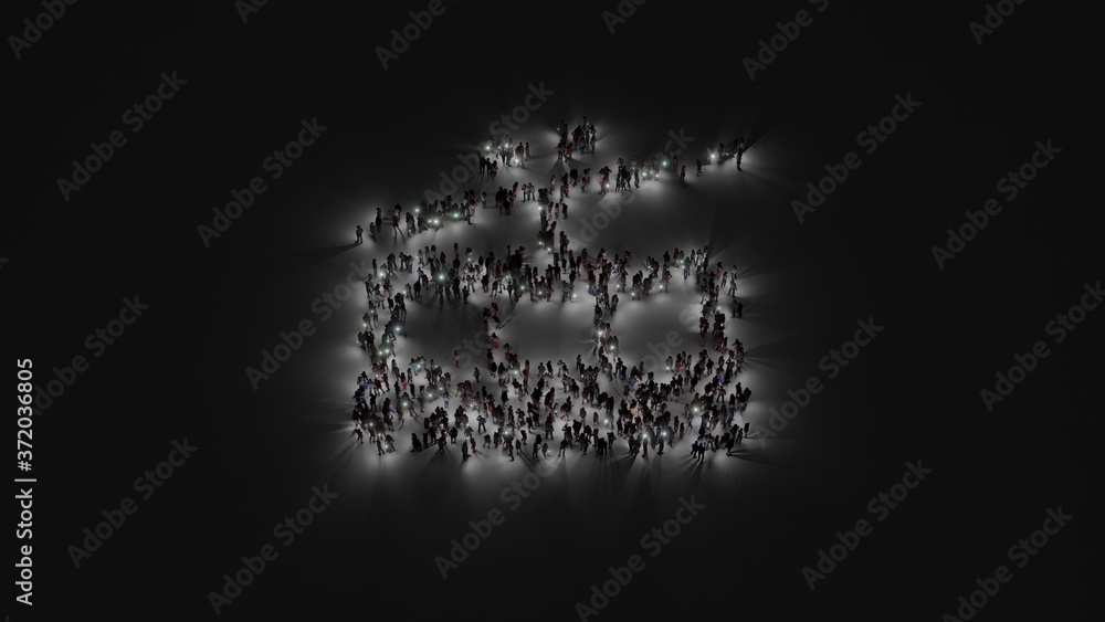 Poster 3d rendering of crowd of people with flashlight in shape of symbol of tram on dark background
