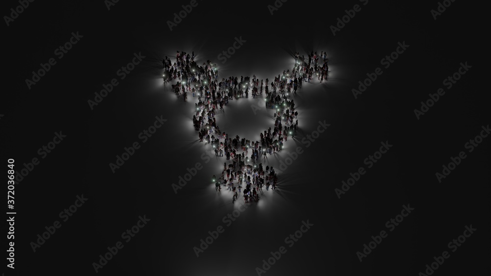 Poster 3d rendering of crowd of people with flashlight in shape of symbol of transgender alt on dark backgr