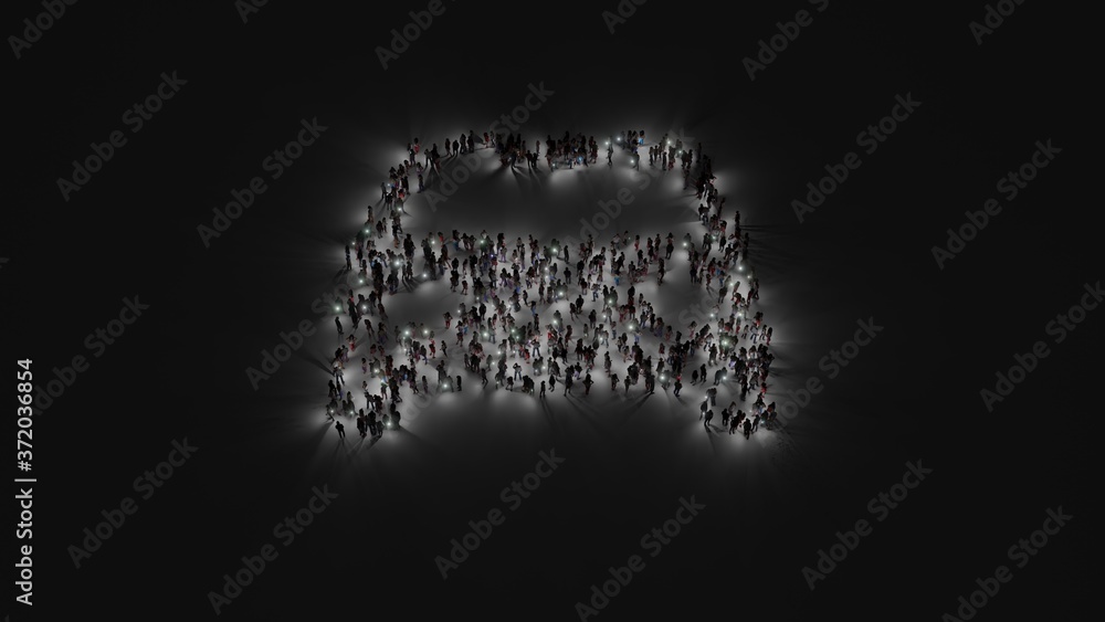 Poster 3d rendering of crowd of people with flashlight in shape of symbol of transport on dark background