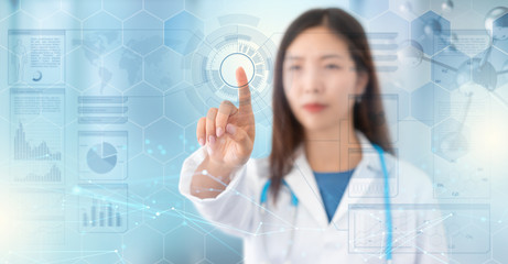 female doctor touches a digital transparent screen in hud style, modern technology in health care, abstract futuristic background
