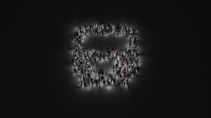 3d rendering of crowd of people with flashlight in shape of symbol of transport on dark background