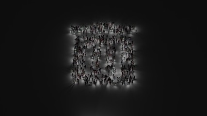 3d rendering of crowd of people with flashlight in shape of symbol of trash alt on dark background