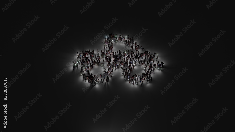 Poster 3d rendering of crowd of people with flashlight in shape of symbol of truck pickup on dark backgroun