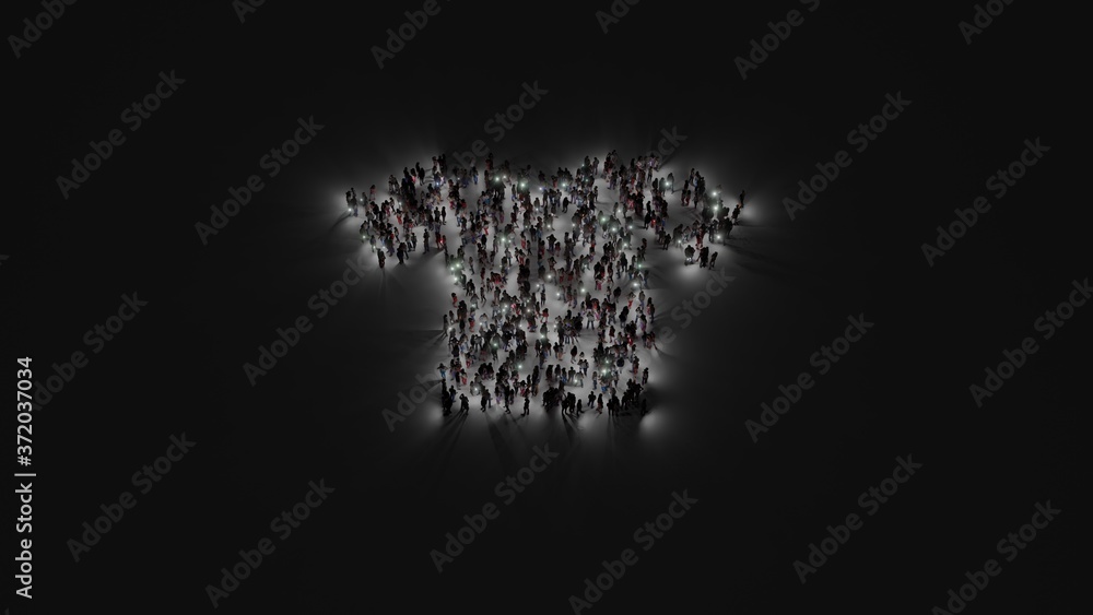 Poster 3d rendering of crowd of people with flashlight in shape of symbol of t-shirt on dark background