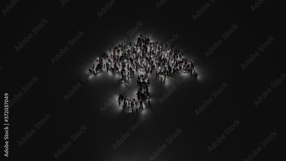 Poster 3d rendering of crowd of people with flashlight in shape of symbol of umbrella on dark background