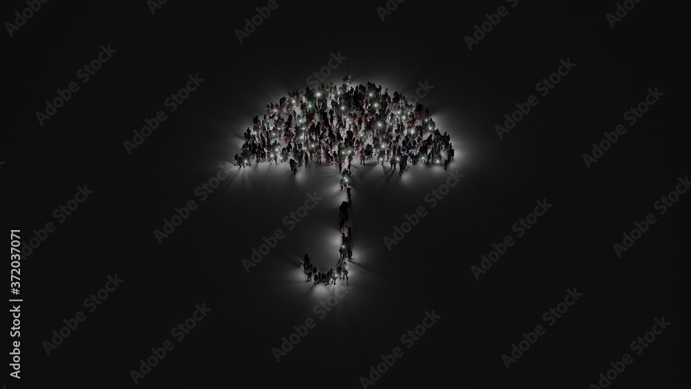 Poster 3d rendering of crowd of people with flashlight in shape of symbol of umbrella09 on dark background