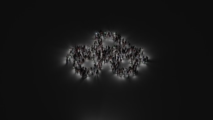 3d rendering of crowd of people with flashlight in shape of symbol of truck pickup on dark background