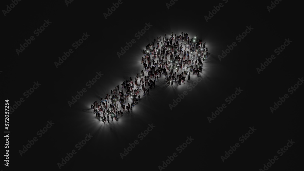 Aufkleber 3d rendering of crowd of people with flashlight in shape of symbol of utensil spoon on dark backgrou