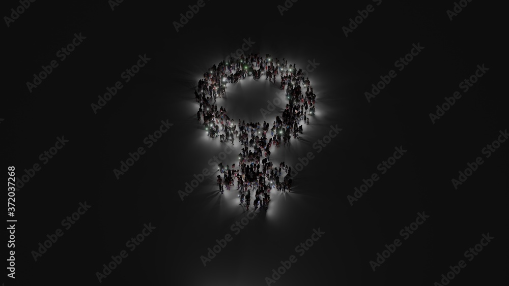 Poster 3d rendering of crowd of people with flashlight in shape of symbol of venus on dark background