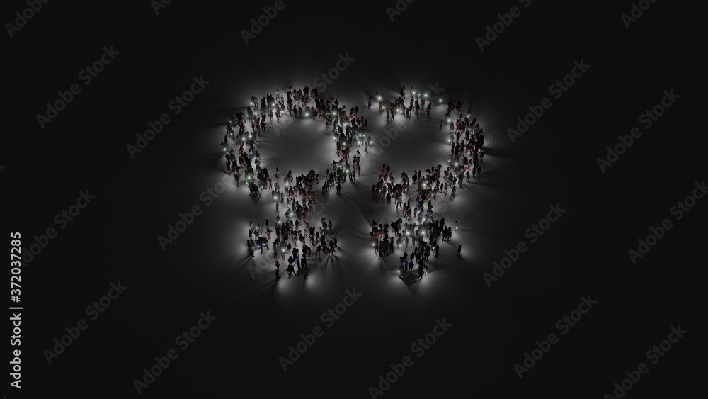 Poster 3d rendering of crowd of people with flashlight in shape of symbol of venus double on dark backgroun