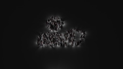 3d rendering of crowd of people with flashlight in shape of symbol of user shield on dark background