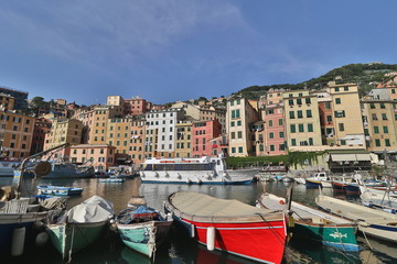 Fototapeta premium The characteristic seaside village of Camogli in the eastern Ligurian Riviera located between Recco and Rapallo. The heart of the town is in its characteristic porticcilo full of fishing boats and ple